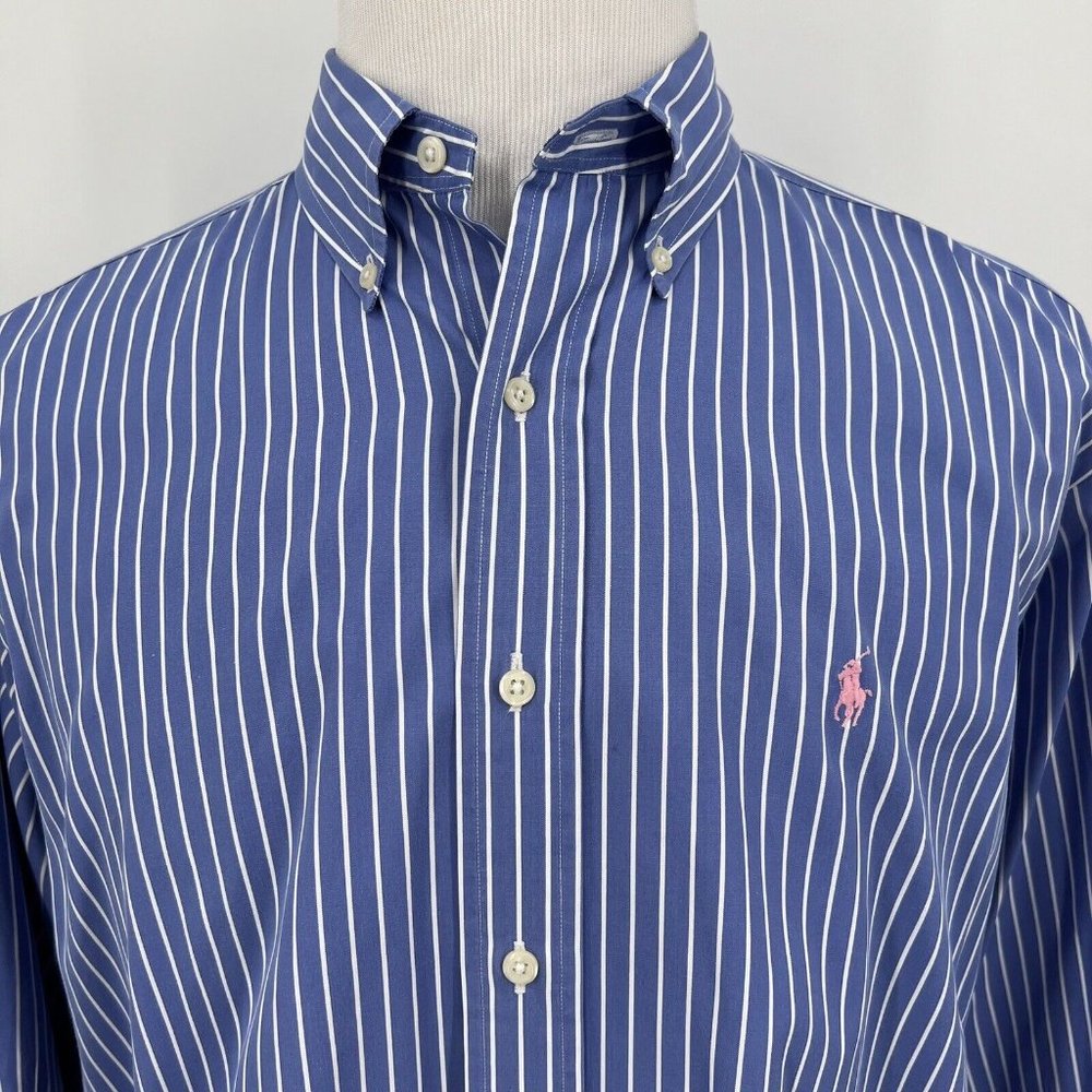 Ralph Lauren Men's Casual Shirt Size 16/L Classic Fit Striped Blue Pink Pony